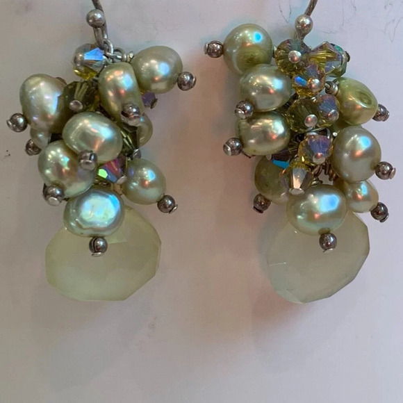 Bespoke Handmade Green Freshwater Pearl Quartz Crystal Sterling Silver Earrings - Picture 3 of 4
